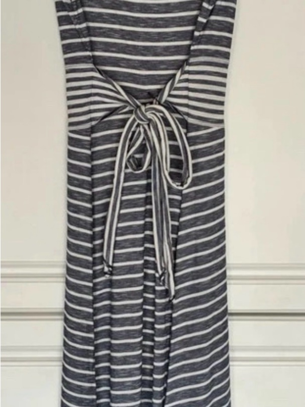 Max Studio Striped Back-Tie Maxi Dress in Gray and White